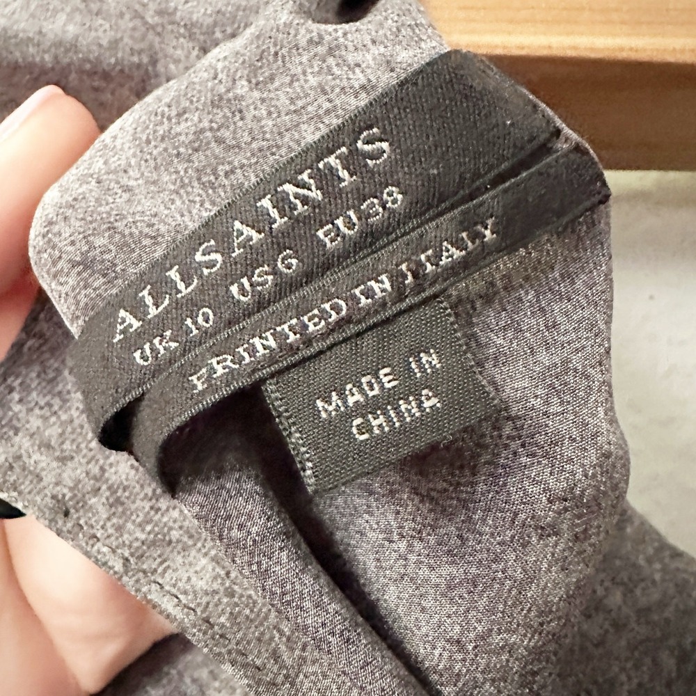 ALLSAINTS Watch the Skies Gray Silk Mini Dress Leopard Hem Women's US Size 6 - Picture 10 of 12